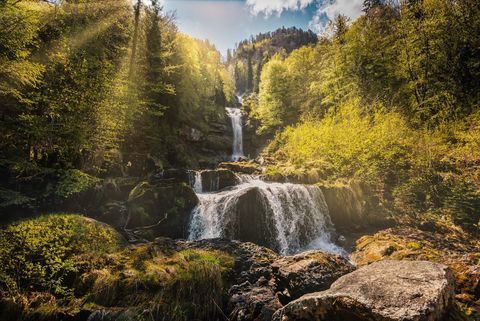 Giessbachfälle im Wald mit Sonneneinfall