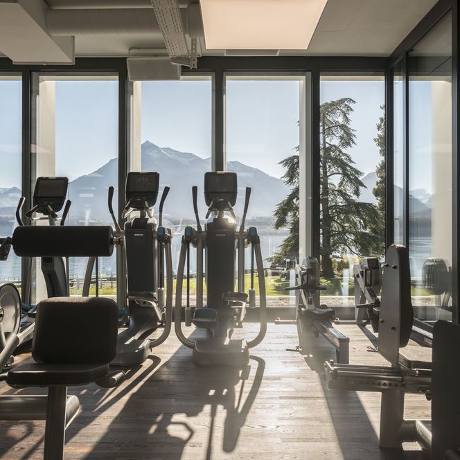Fitnesspark Oberhofen mit Fitnessgeräten und Blick auf den Niesen