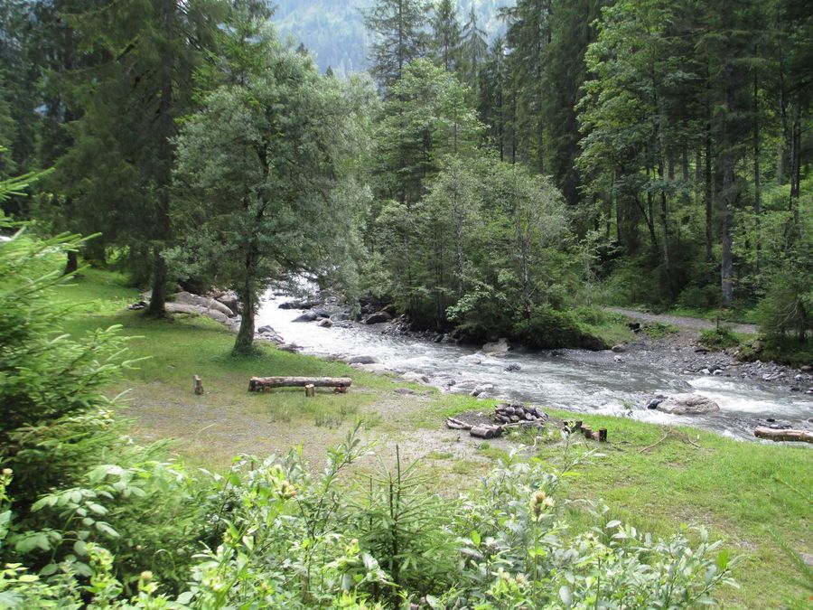Idyllische Grillstelle neben dem Bach Suld umgeben von grünen Bäumen