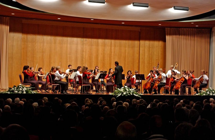 Bühne mit musizierendem Orchester auf der Bühne der Interlaken Classics