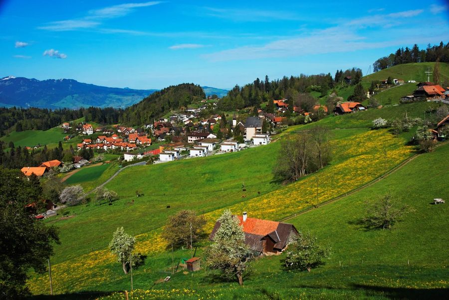 Goldiwil schmiegt sich in die malerische Naturlandschaft oberhalb der Stadt Thun – Panoramablick inklusive