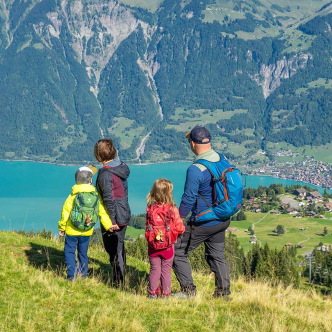 Eine Familie mit zwei Kindern wandert von der Windegg her über eine Wiese richtung Axalp. im Hintergrund ist der Brienzersee und Brienz zu sehen.