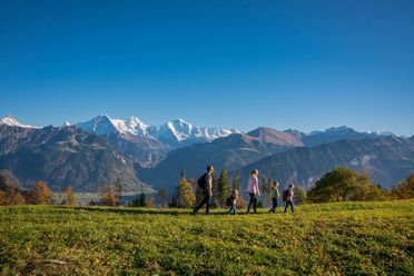 Familie wandert am Amisbühl bei Beatenberg und geniesst den Panoramablick auf Eiger, Mönch und Jungfrau