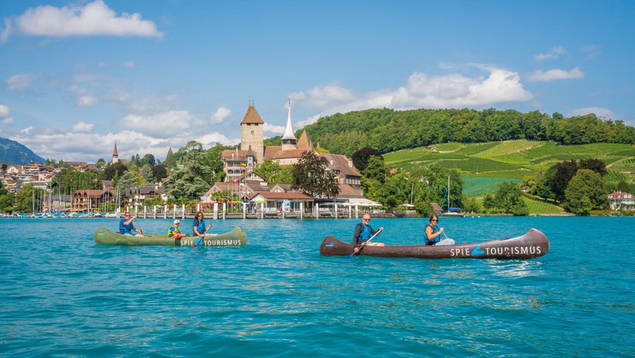 Gruppe mit SUP und Kanu gleitet in der Spiezer Bucht über den Kanuweg auf dem Thunersee