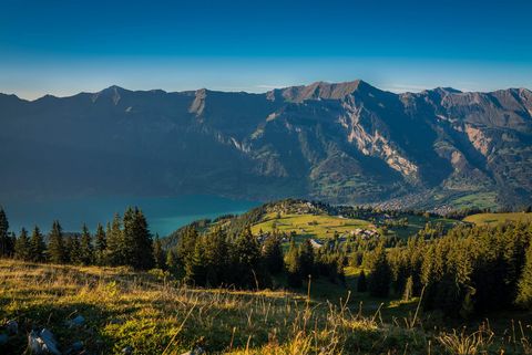 Blick auf die Brienzer Rothornkette und den türkisen Brienzersee von der Axalp ob Brienz