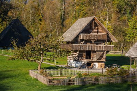 Haus umgeben von Bäumen und mit einem Garten und grüner Wiese im Freilichtmuseum Ballenberg