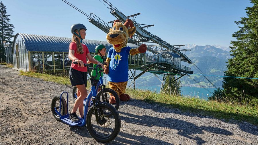 Drei Trotti-Biker mit der Niederhornbahn mit Bergpanorama im Sommer