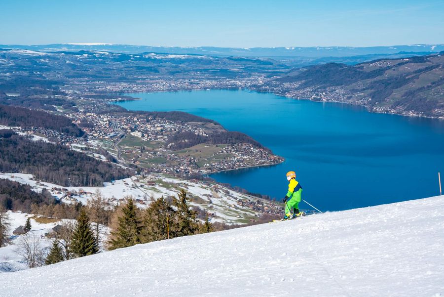 Skifahrer auf der Piste mit Blick auf den blauen Thunersee
