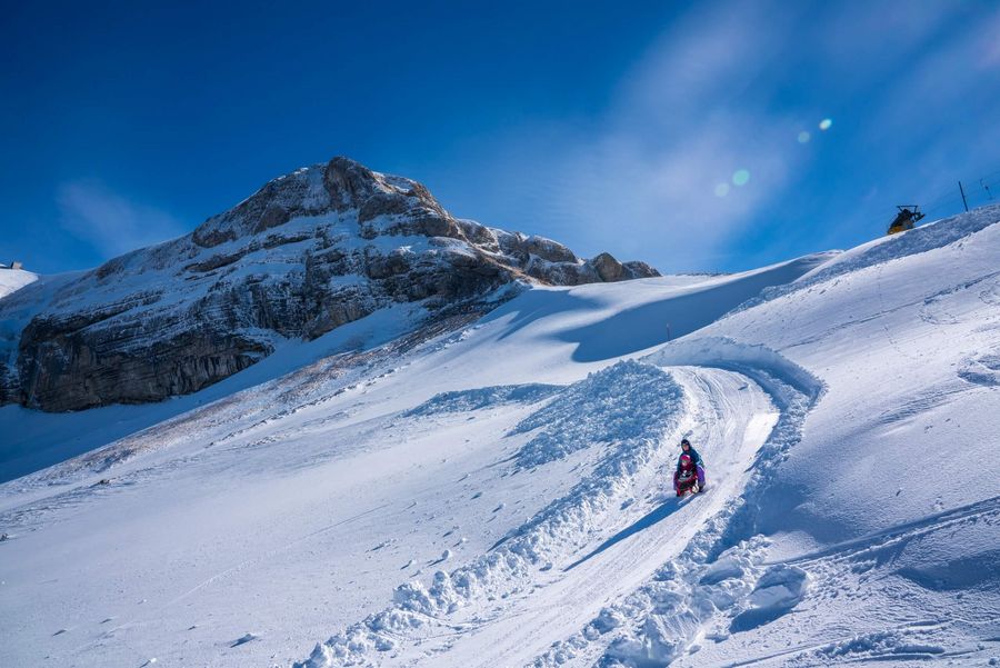 Schlittenfahren auf der verschneiten Axalp ob Brienz mit Blick auf die Berge