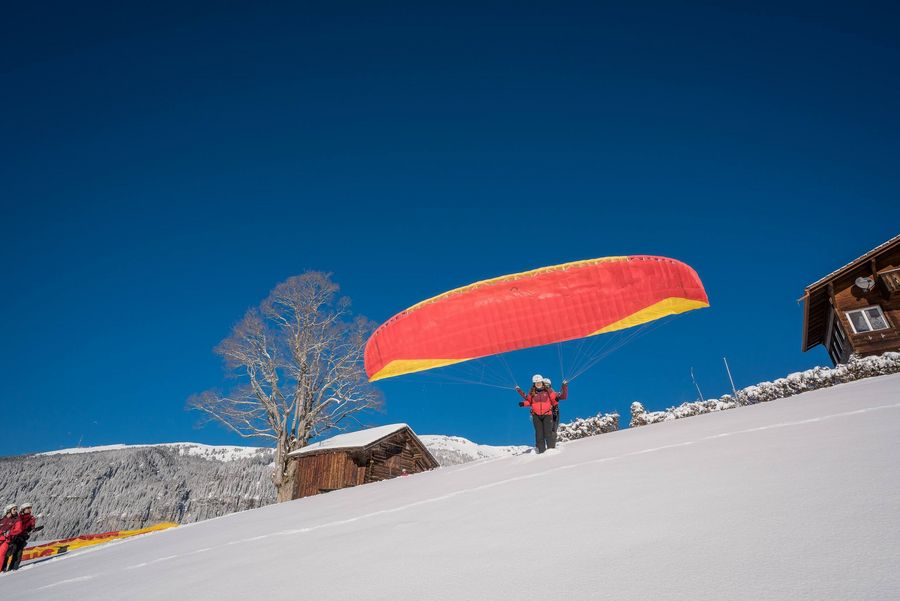 Paraglidingpilot startet den Flug im verschneiten Amisbühl bei Beatenberg