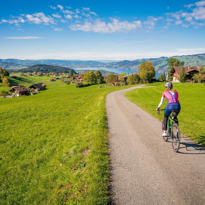 Velofahrerin mit Rennrad unterwegs in Aeschi umgeben von grünen Wiesen