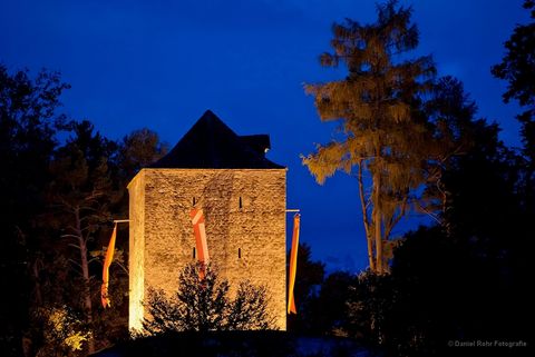 Mit Licht inszenierte Strättligburg an einem Sommerabend in Gwatt bei Thun