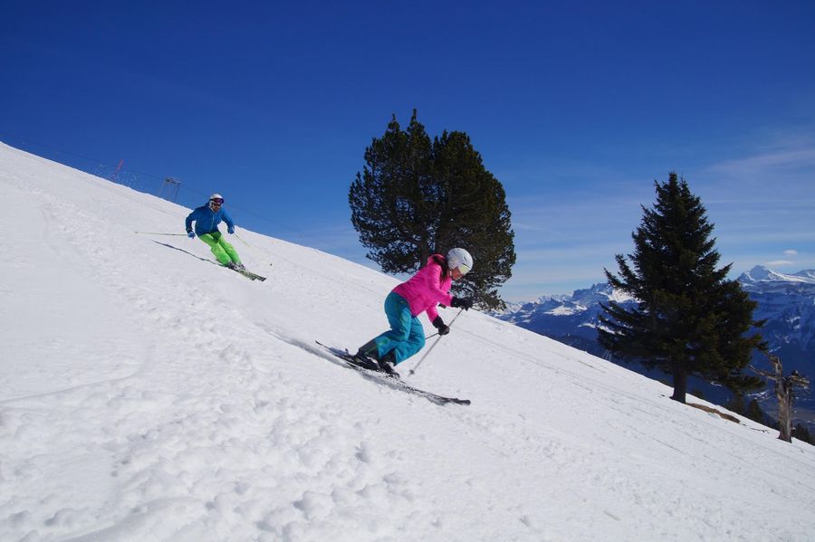 Zwei Skifahrer fahren auf der Piste am Niederhorn